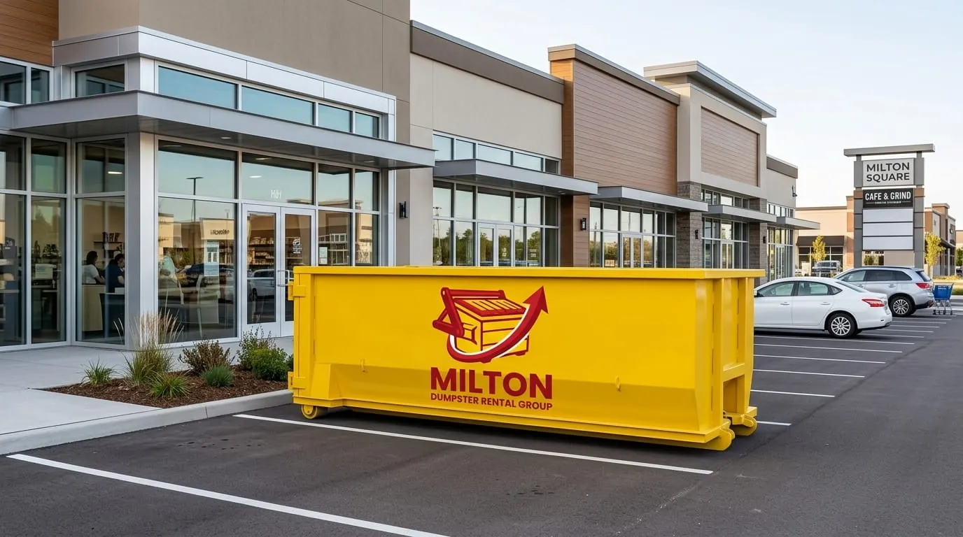 Commercial roll-off container at a retail plaza Commercial roll-off container at a retail plaza