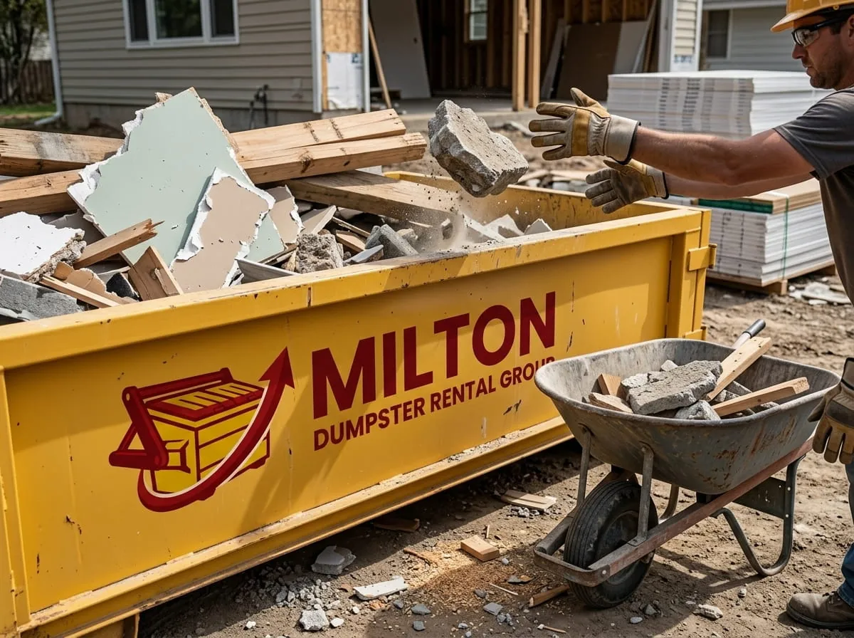 Demolition debris loaded into a roll-off container beside a wheelbarrow Demolition debris loaded into a roll-off container beside a wheelbarrow