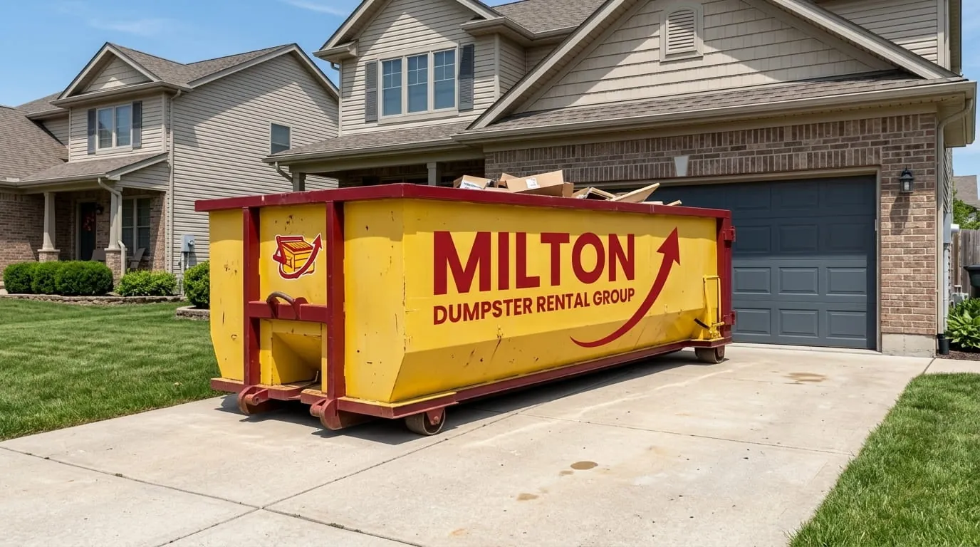 Roll-off container placed on a residential driveway Roll-off container placed on a residential driveway