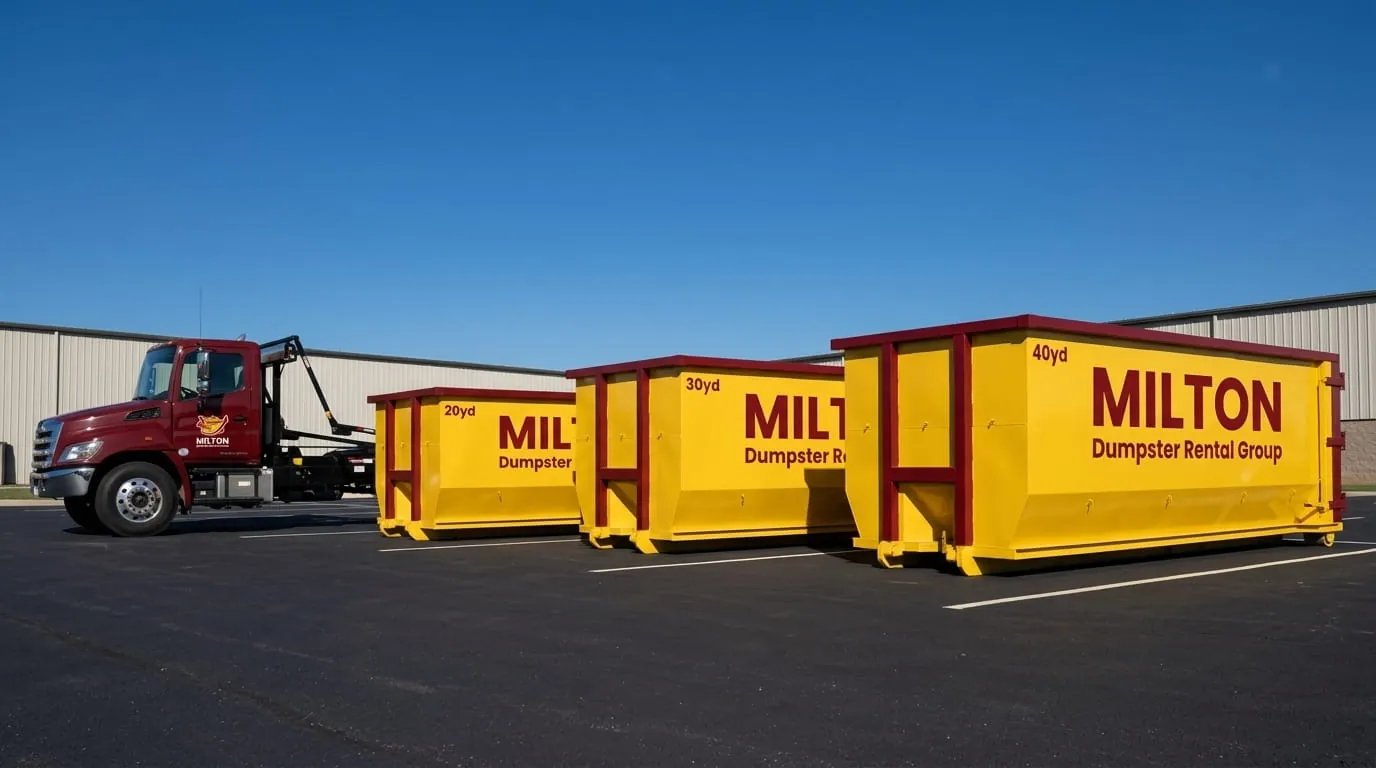 Milton Dumpster Rental Group roll-off truck fleet parked at the Milton yard Milton Dumpster Rental Group roll-off truck fleet parked at the Milton yard
