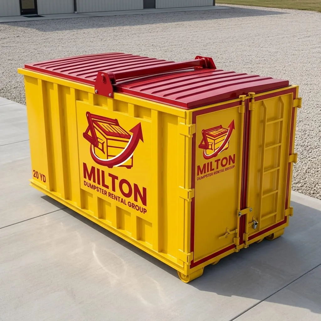 Red roll-off dumpster in service on a job site in Milton, FL Red roll-off dumpster in service on a job site in Milton, FL