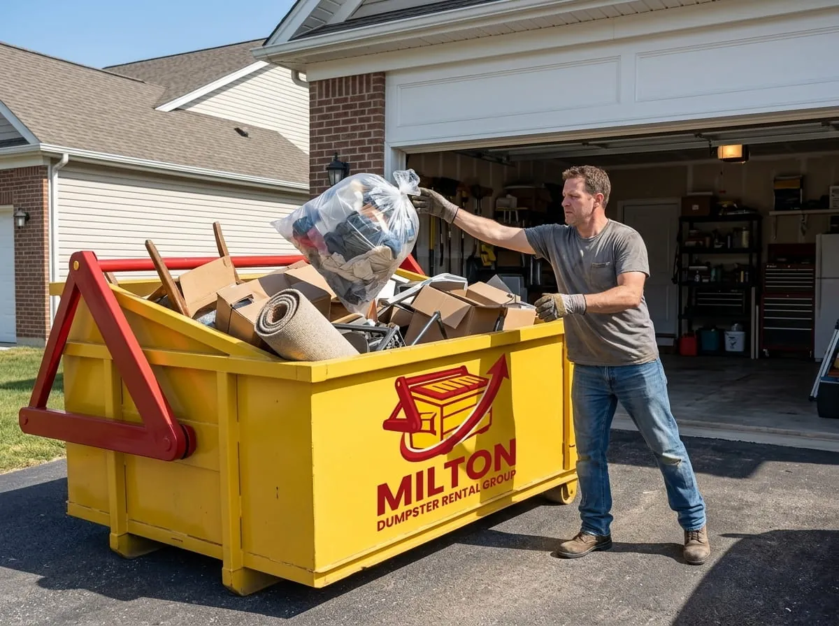 Loading bagged household junk into a roll-off dumpster at an open garage Loading bagged household junk into a roll-off dumpster at an open garage