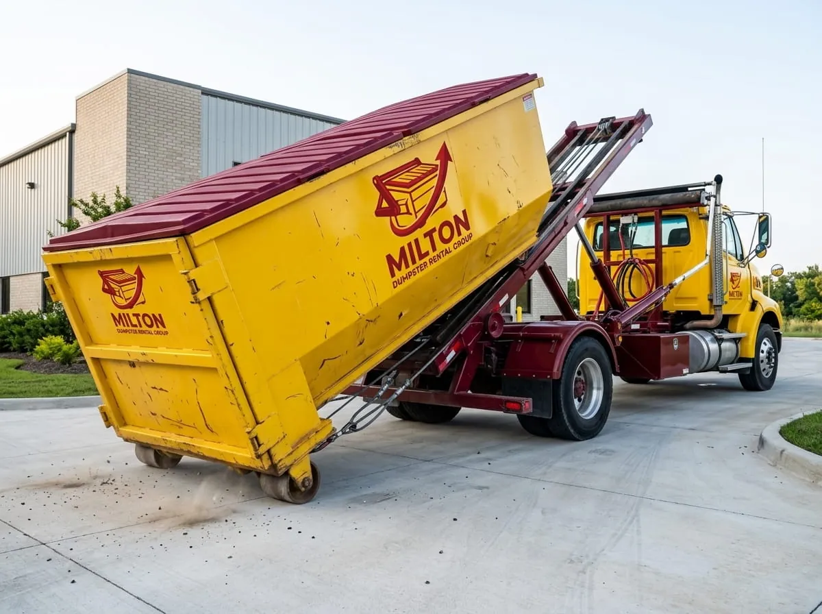Roll-off truck tipping a container into place Roll-off truck tipping a container into place
