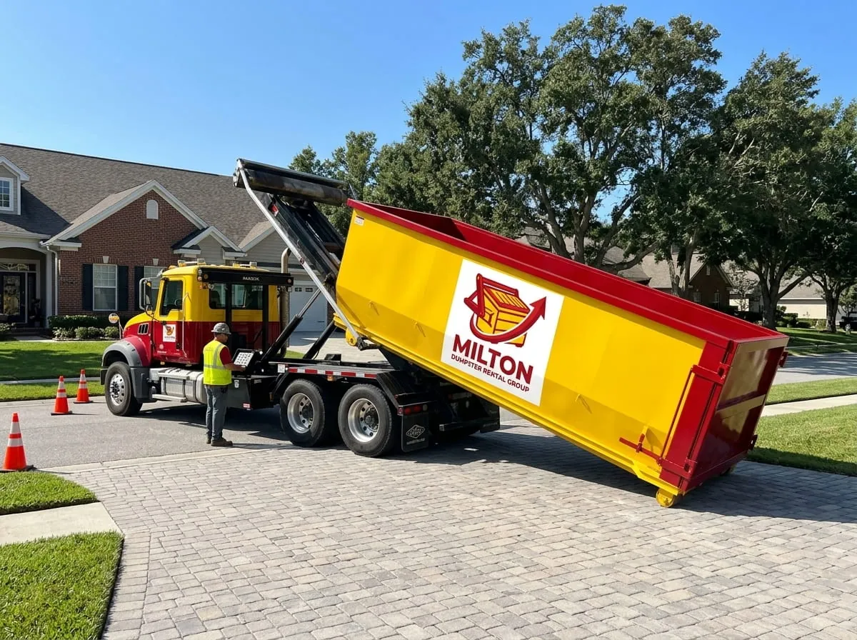 Milton Dumpster Rental Group roll-off truck delivering a dumpster on a street in Milton, FL Milton Dumpster Rental Group roll-off truck delivering a dumpster on a street in Milton, FL