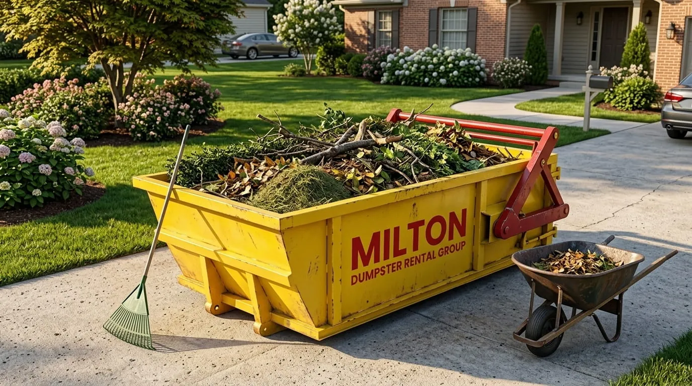 Roll-off container of brush and yard trash with a barrow and rake Roll-off container of brush and yard trash with a barrow and rake